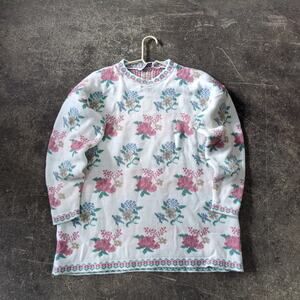 Vintage 80s Floral Sweater Womens XL White Pink 80s Private Eyes USA Adele Knit